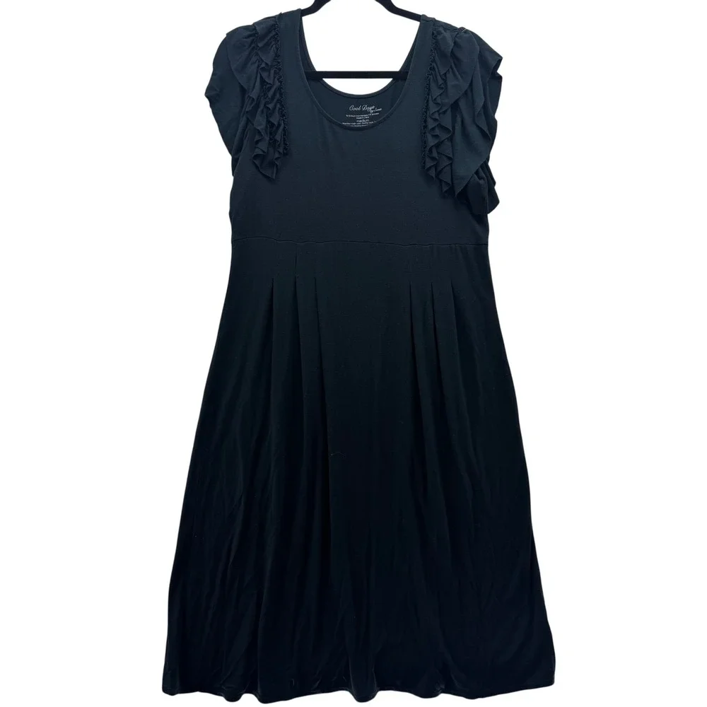 Soma Cool Days Women's M Black Knit Dress Ruffle Sleeve‎ Pleated Knee Length
